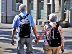 A senior couple walking.