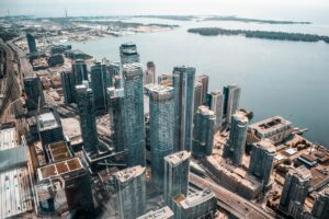 Aerial view of buildings in Toronto.