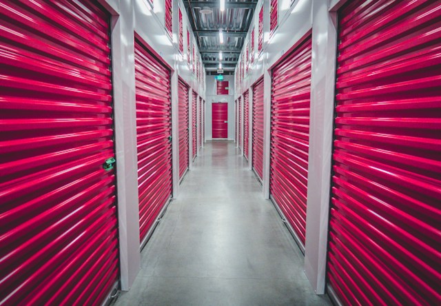 A hallway with storage units